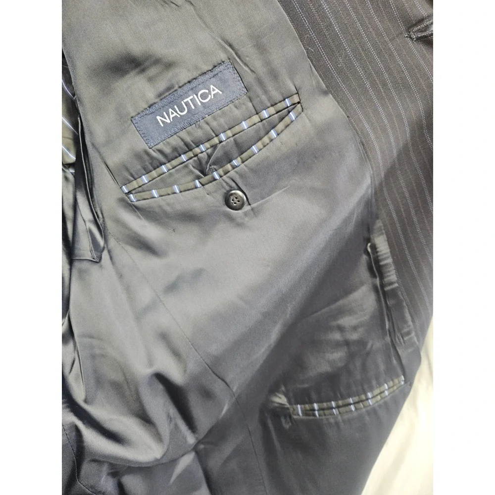 Nautica Mens 44R Wool Pinstripe Blazer 3 Button Sport Coat Grey Blue M722